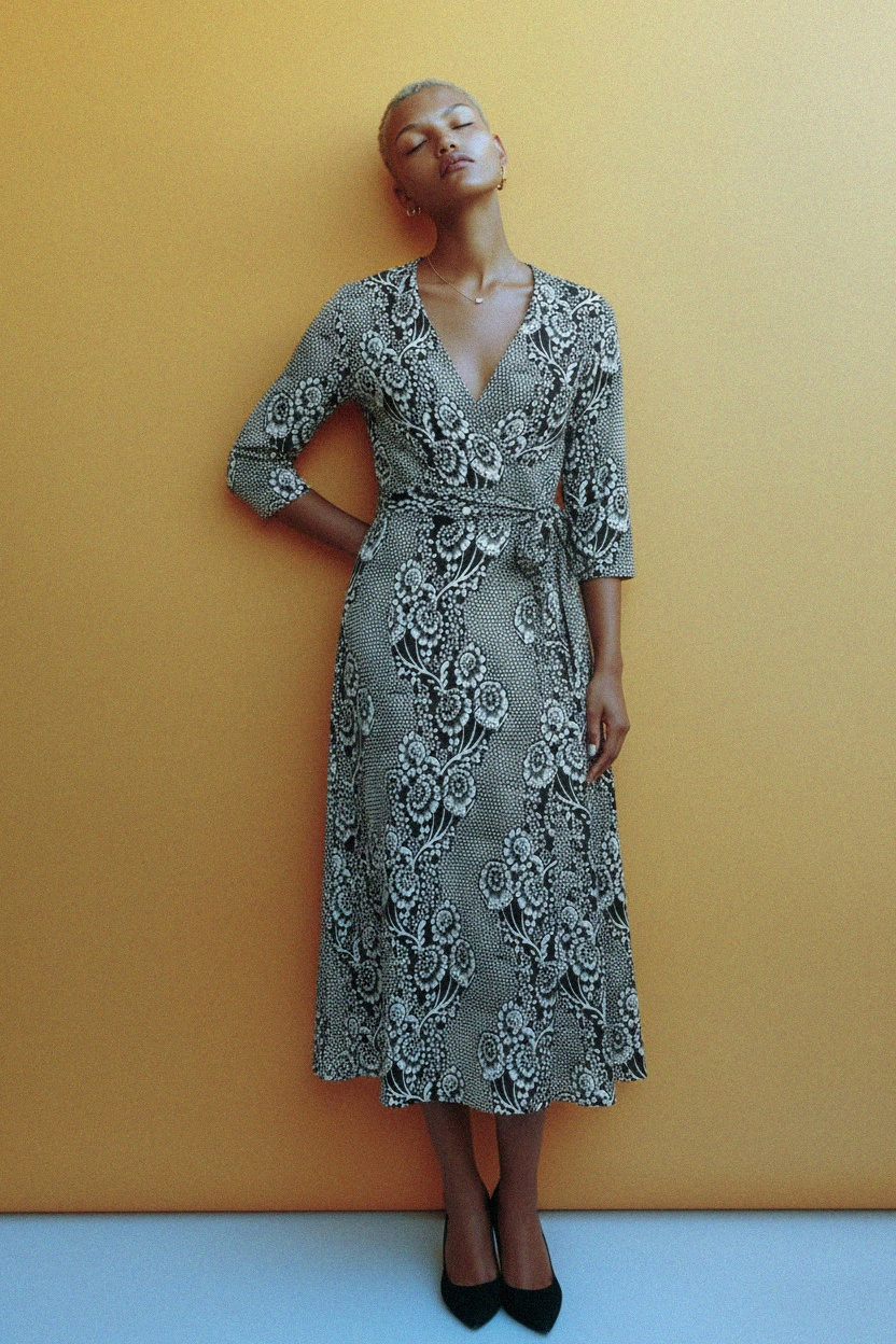 Czarno-biała sukienka midi z kwiatowym nadrukiem zdjęcie 3