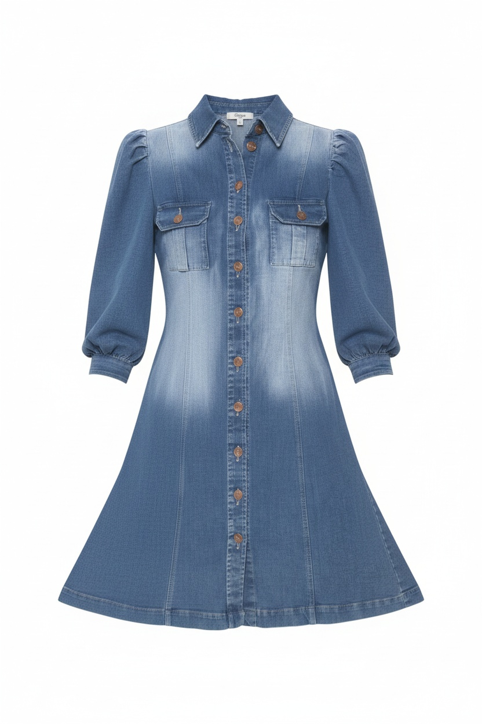 Denim Mini Dress with Puffed Sleeves & Button Front zdjęcie 1