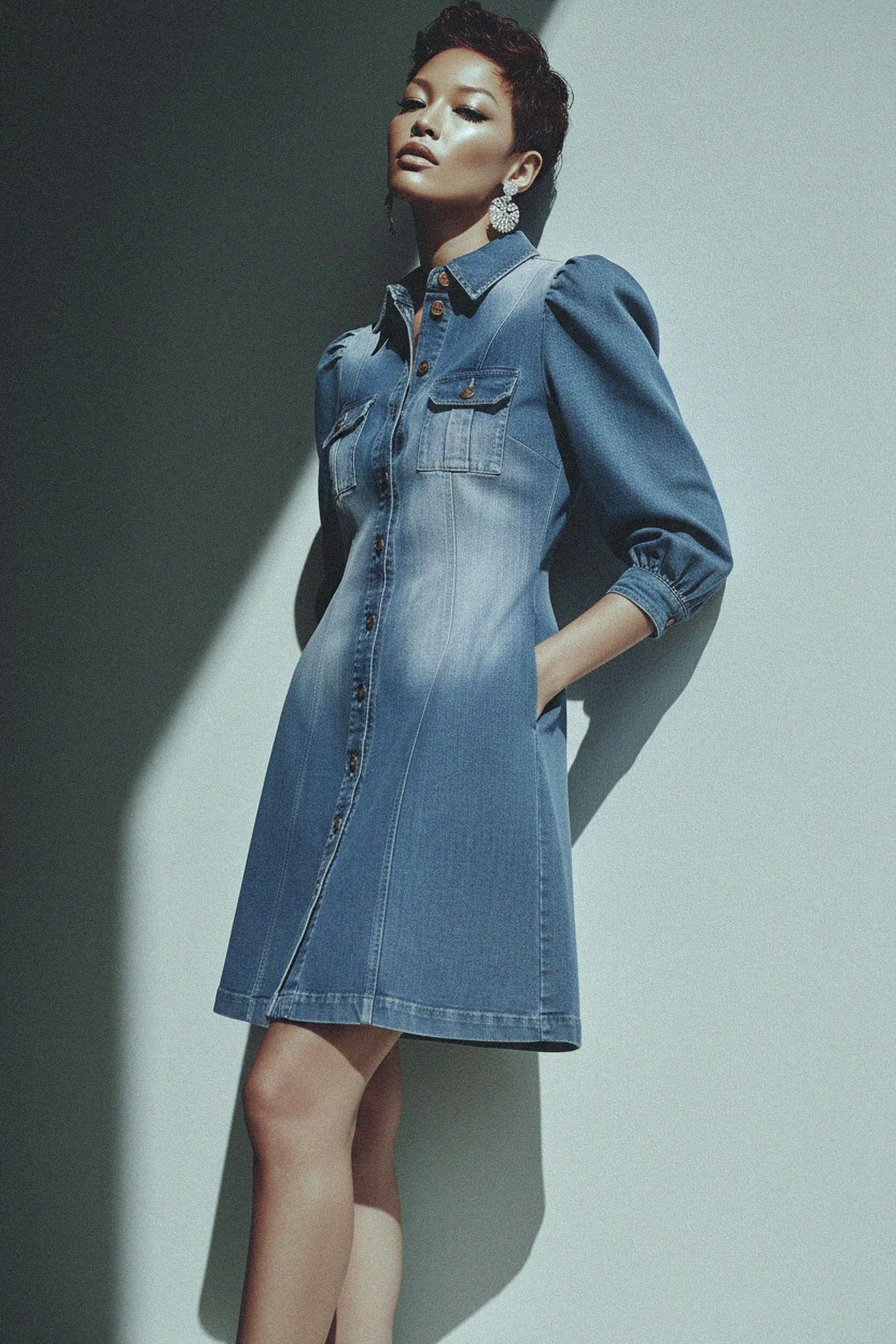 Denim Mini Dress with Puffed Sleeves & Button Front zdjęcie 2