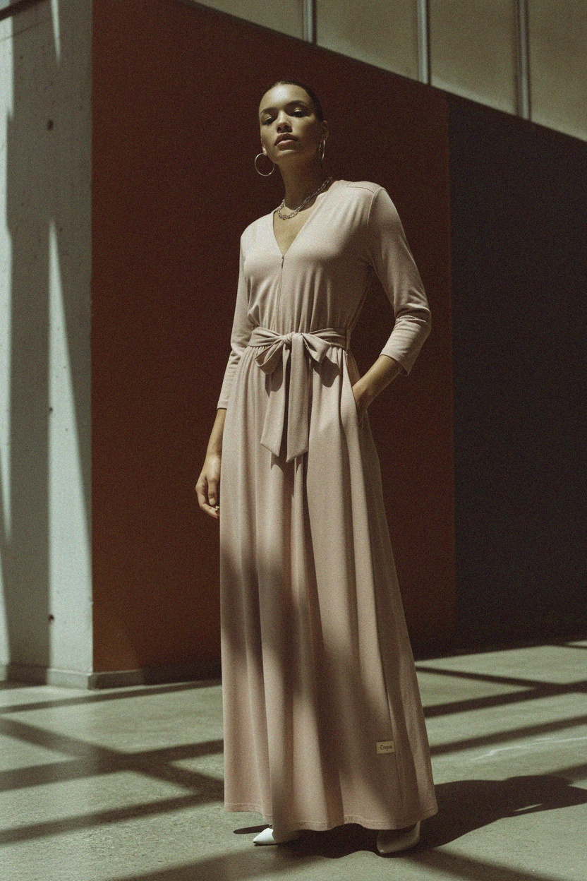 Beżowa sukienka maxi z dekoltem w serek i wiązaniem w talii oraz rękawami 3/4 zdjęcie 3