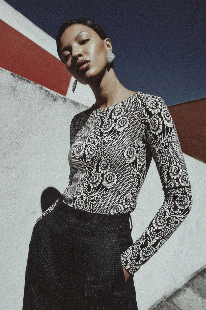 Elegancki, dopasowany top z długim rękawem w kwiatowy wzór zdjęcie 3