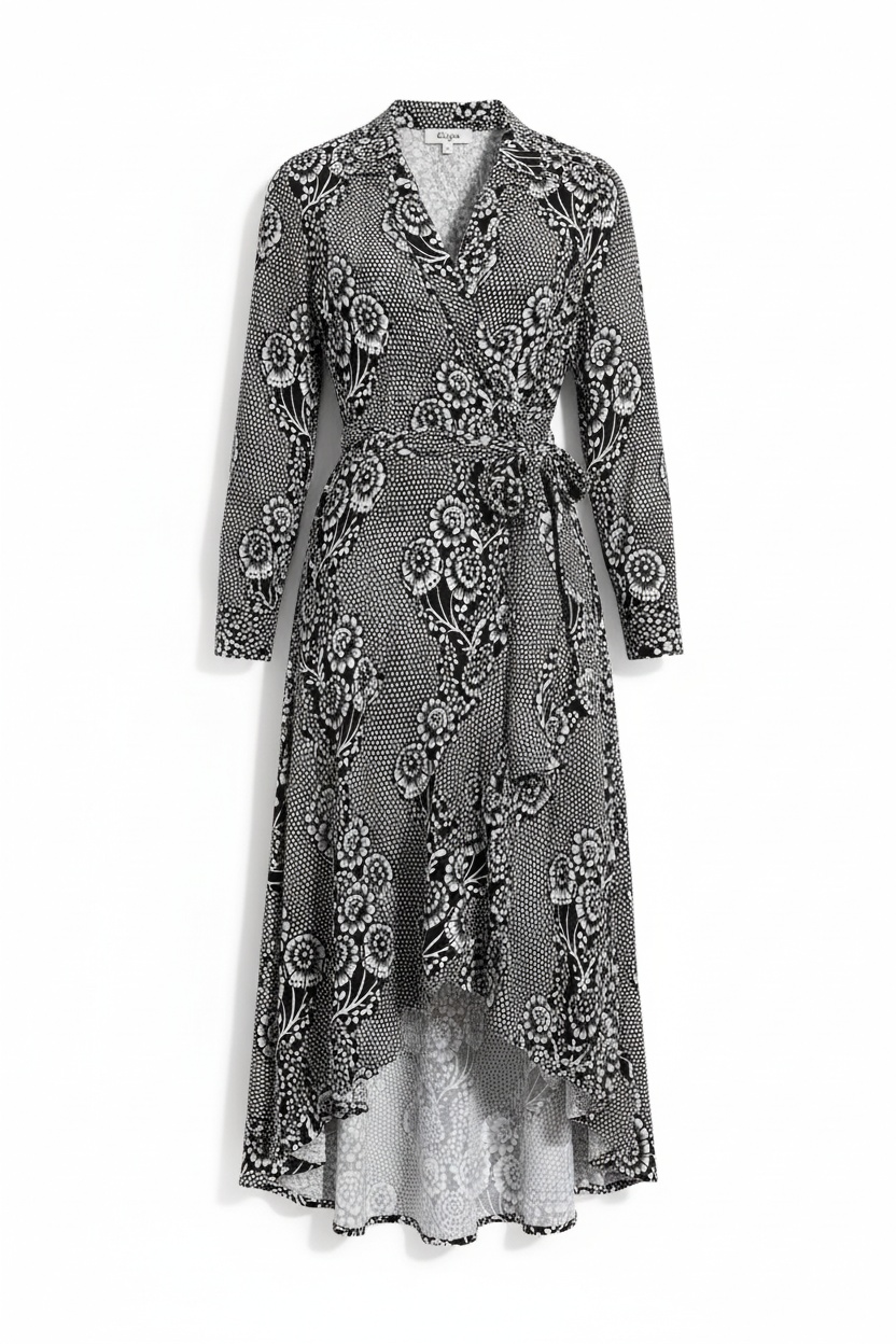 Czarno-biała sukienka kopertowa z kwiatowym wzorem i wysokim dekoltem zdjęcie 1