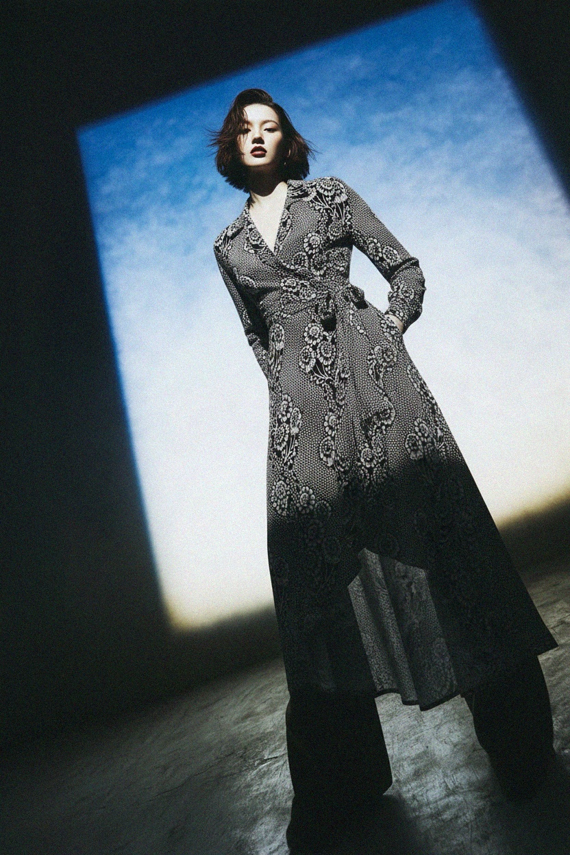 Czarno-biała sukienka kopertowa z kwiatowym wzorem i wysokim dekoltem zdjęcie 3