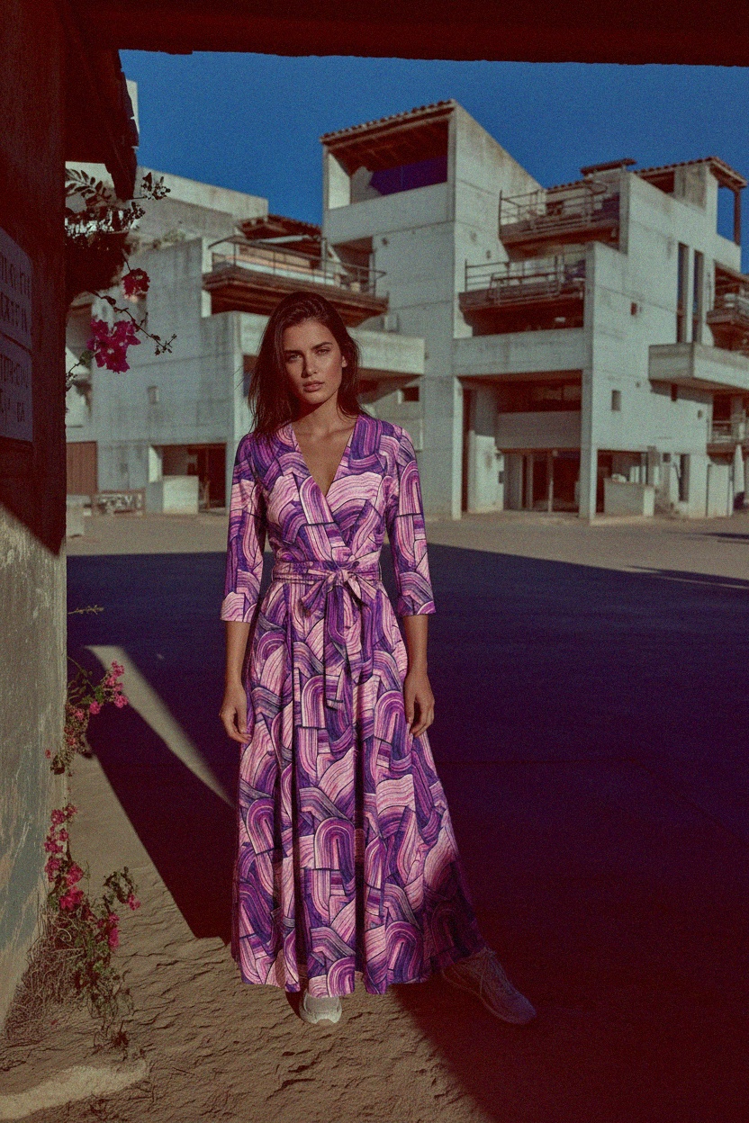 Sukienka maxi z abstrakcyjnym nadrukiem i dekoltem w serek, wiązana w talii zdjęcie 2