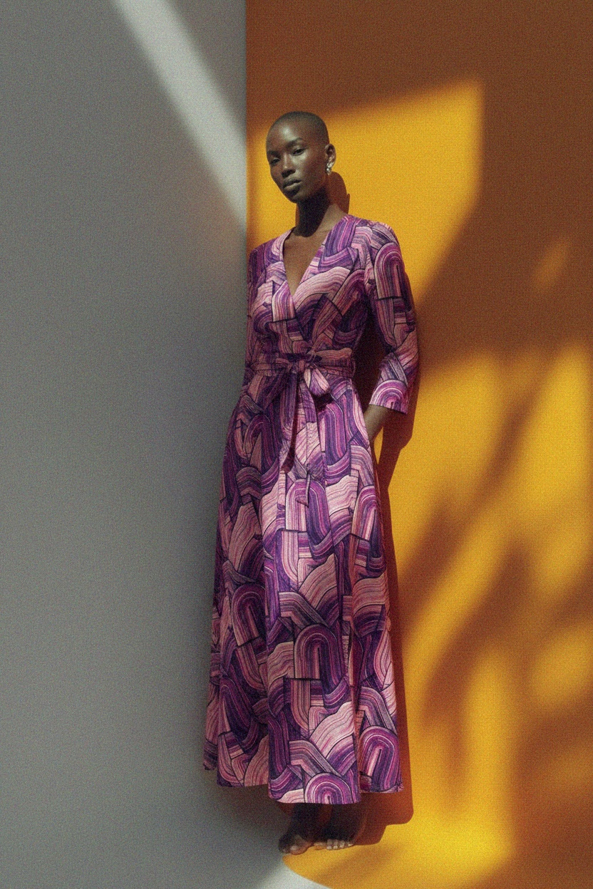 Sukienka maxi z abstrakcyjnym nadrukiem i dekoltem w serek, wiązana w talii zdjęcie 3