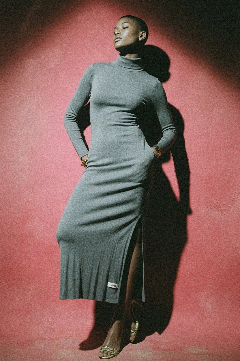 Szara dzianinowa sukienka maxi z golfem i rozcięciami po bokach zdjęcie 2