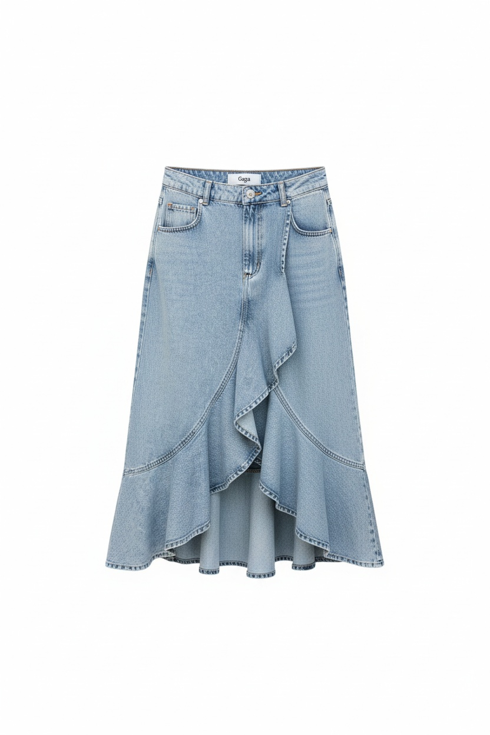 Denim Ruffle Midi Skirt with Asymmetrical Hem zdjęcie 1