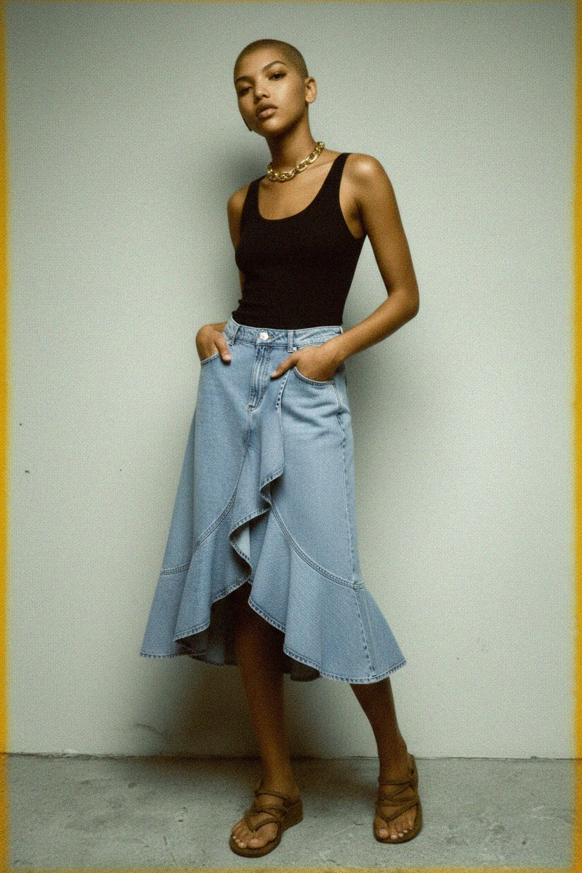 Denim Ruffle Midi Skirt with Asymmetrical Hem zdjęcie 3
