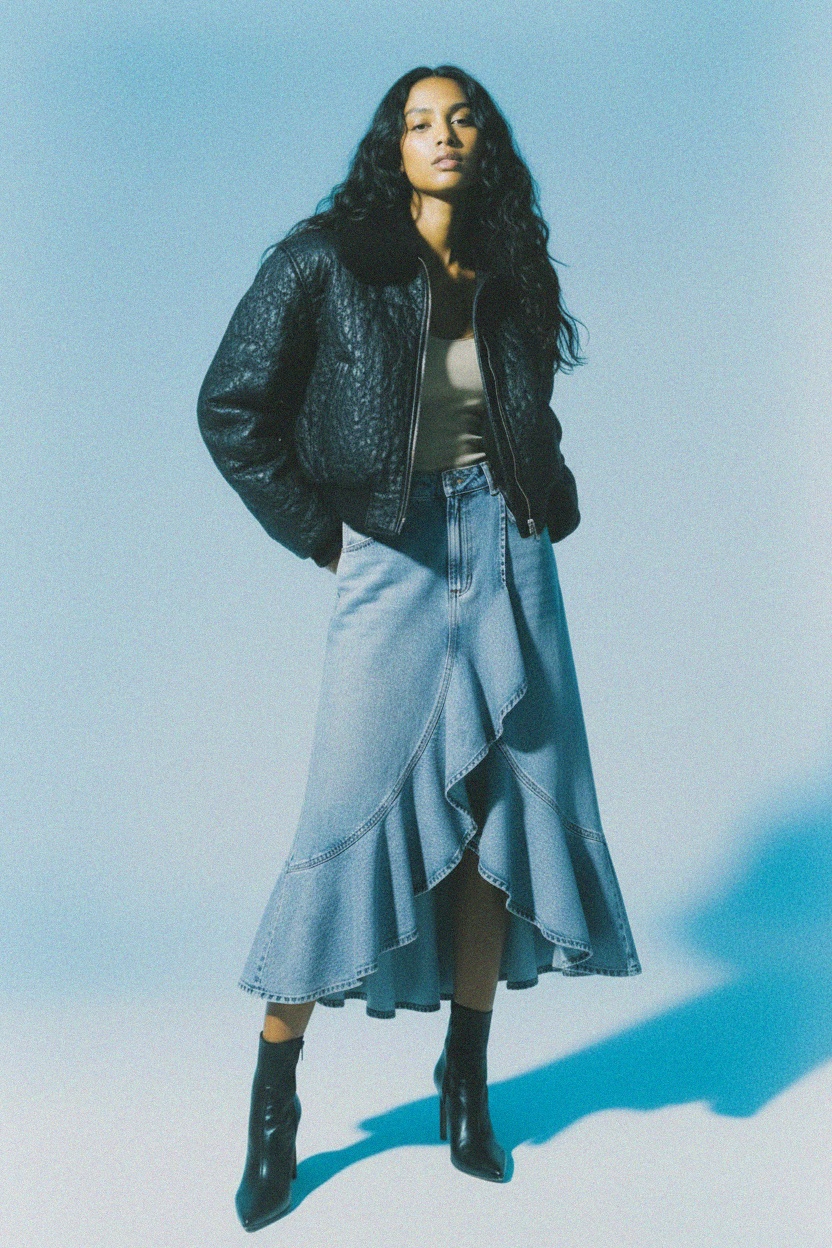 Denim Ruffle Midi Skirt with Asymmetrical Hem zdjęcie 4