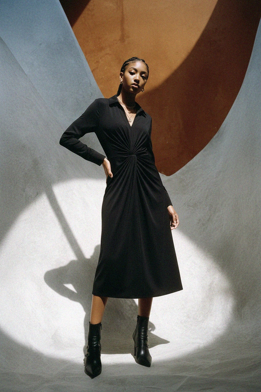 Czarna sukienka midi z długim rękawem i ozdobnym skręconym przodem zdjęcie 3