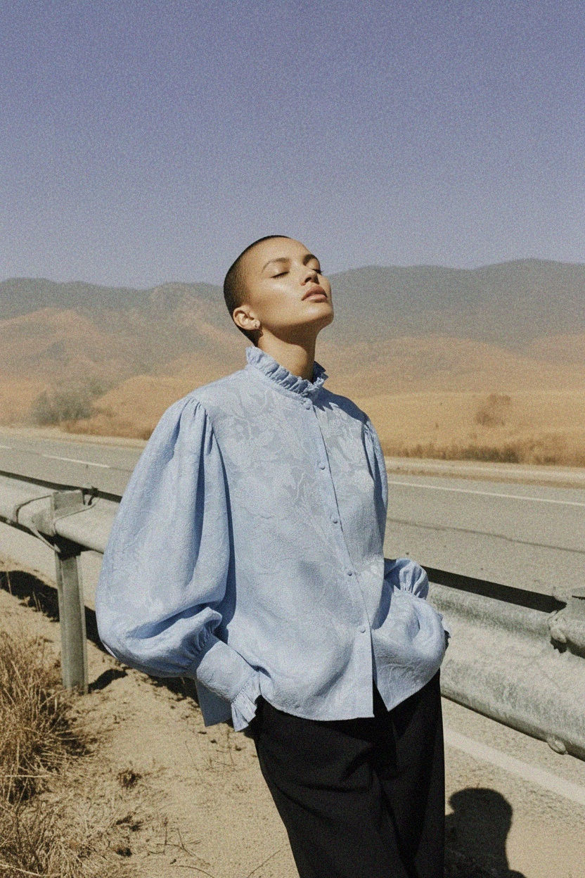 Bluzka w kolorze niebieskim z fakturą, falbaniastym kołnierzem i bufiastymi rękawami zdjęcie 3