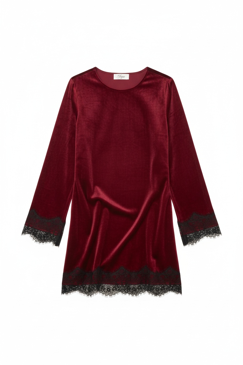 Czerwona aksamitna sukienka mini z czarną koronką zdjęcie 1