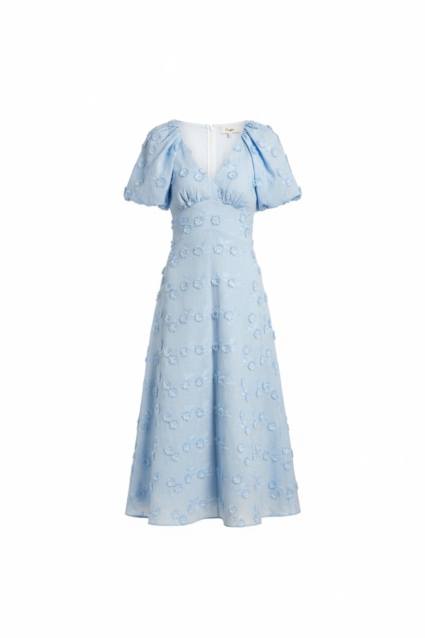 Elegant Blue Floral Midi Dress with Puff Sleeves zdjęcie 1