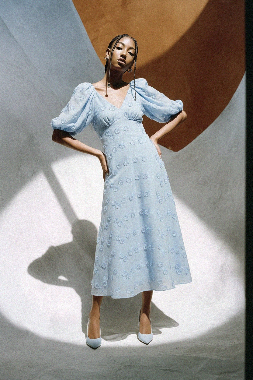 Elegant Blue Floral Midi Dress with Puff Sleeves zdjęcie 3