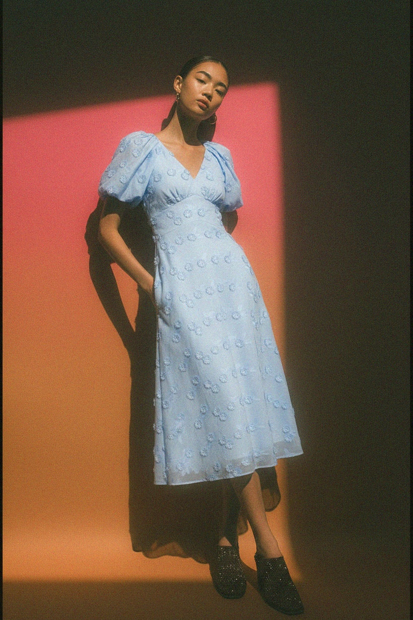 Elegant Blue Floral Midi Dress with Puff Sleeves zdjęcie 4