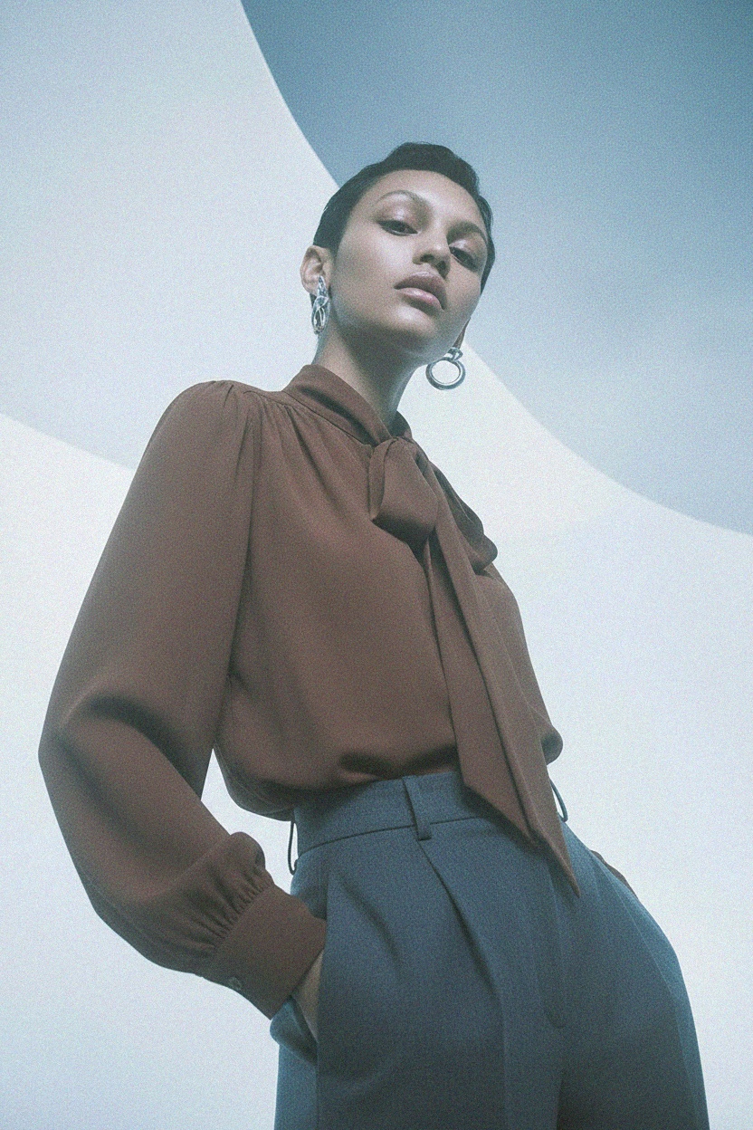 Elegancka brązowa bluzka z kokardą zdjęcie 2