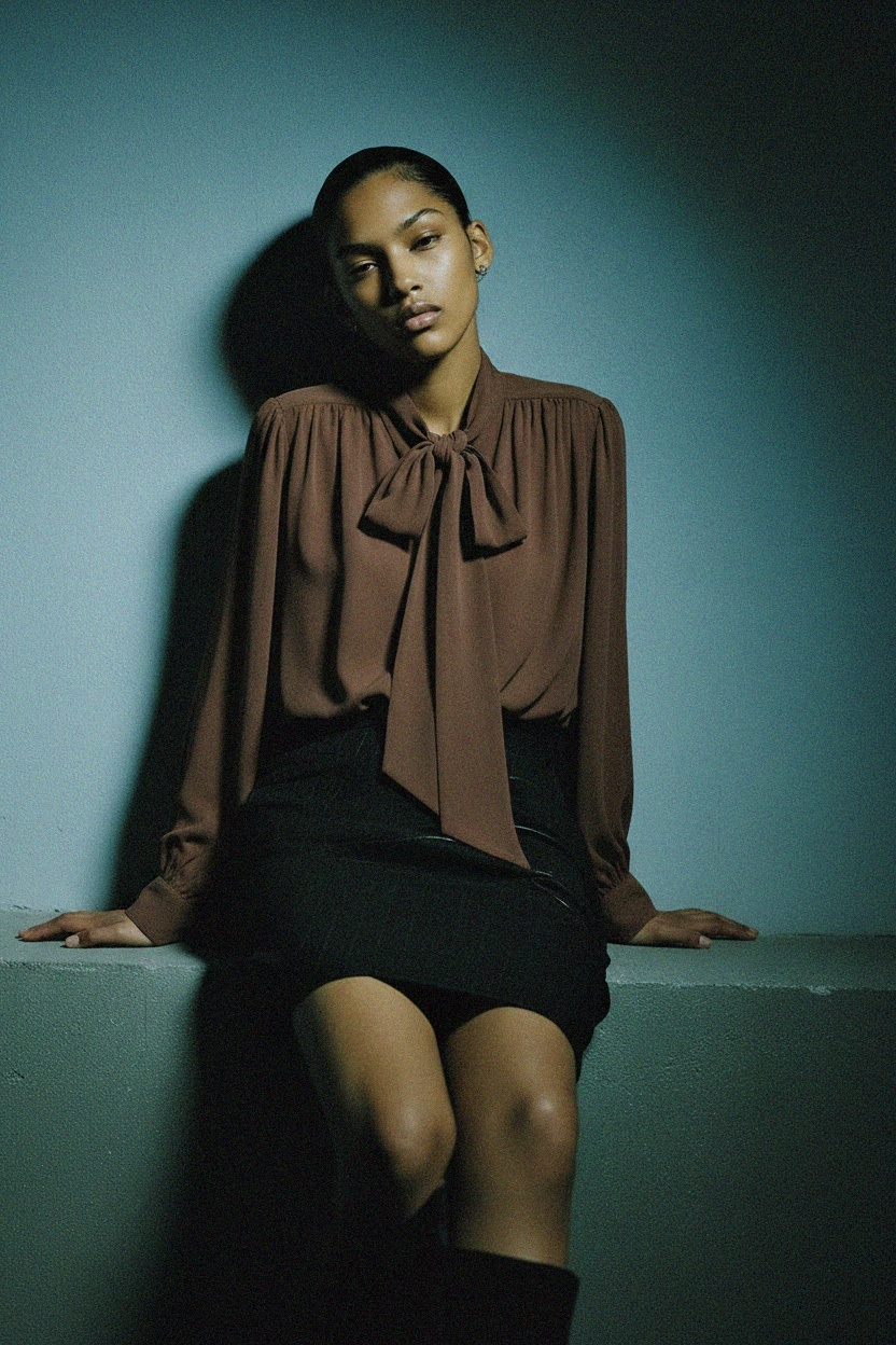 Elegancka brązowa bluzka z kokardą zdjęcie 3