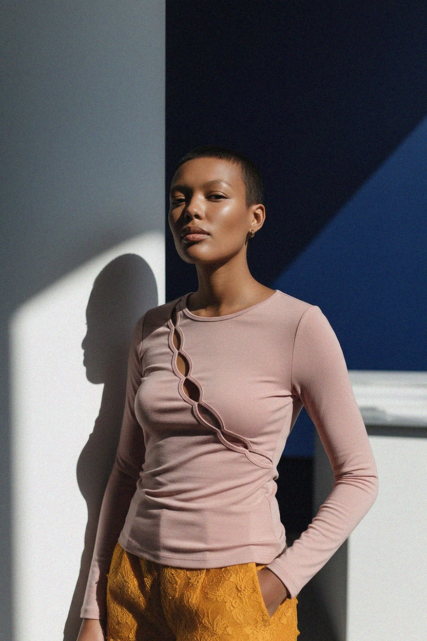 Dopasowana bluzka z długim rękawem w kolorze brudnego różu z wycięciami w kształcie fal zdjęcie 3