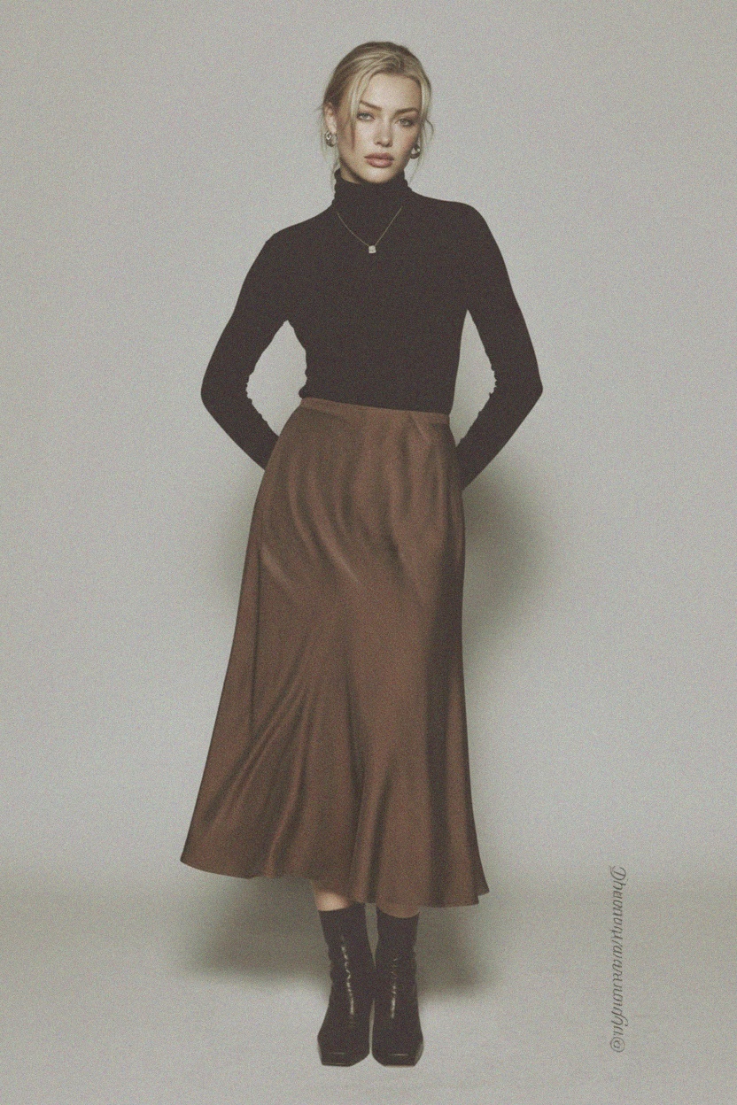 Flowy Brown Midi Skirt with Elegant Drape zdjęcie 2