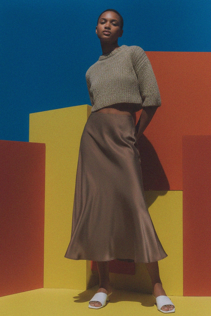 Flowy Brown Midi Skirt with Elegant Drape zdjęcie 3