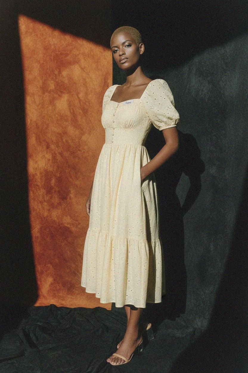 Chic Eyelet Midi Dress with Puffed Sleeves zdjęcie 3