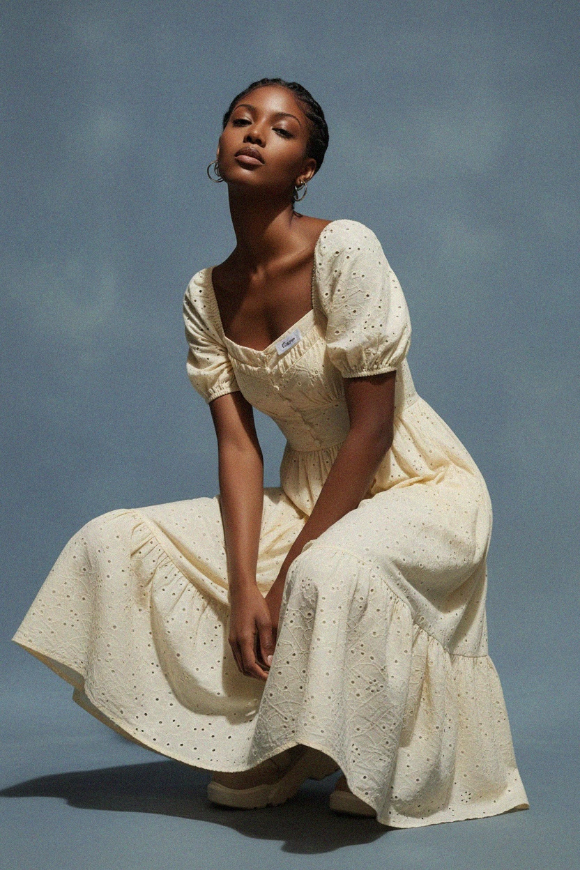 Chic Eyelet Midi Dress with Puffed Sleeves zdjęcie 4