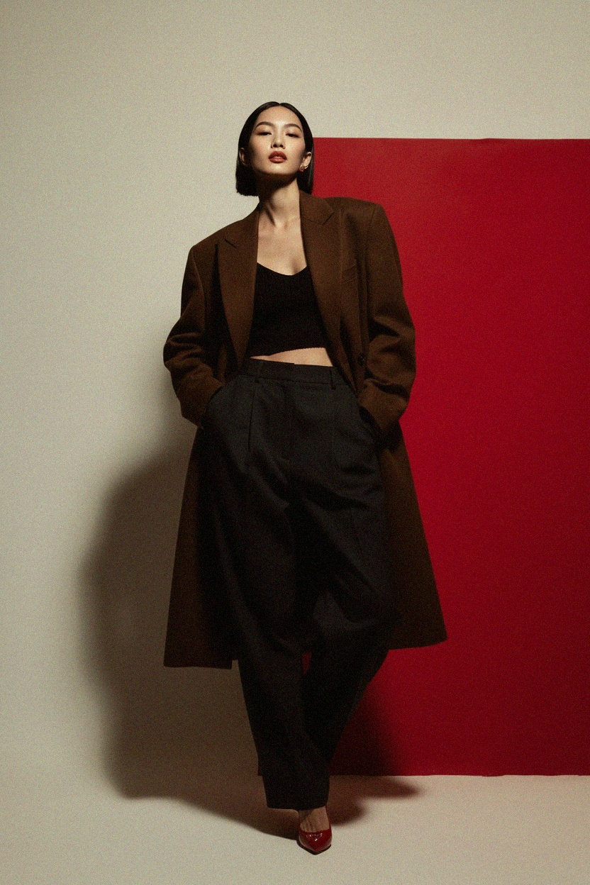 Długi, oversize'owy brązowy płaszcz zdjęcie 2