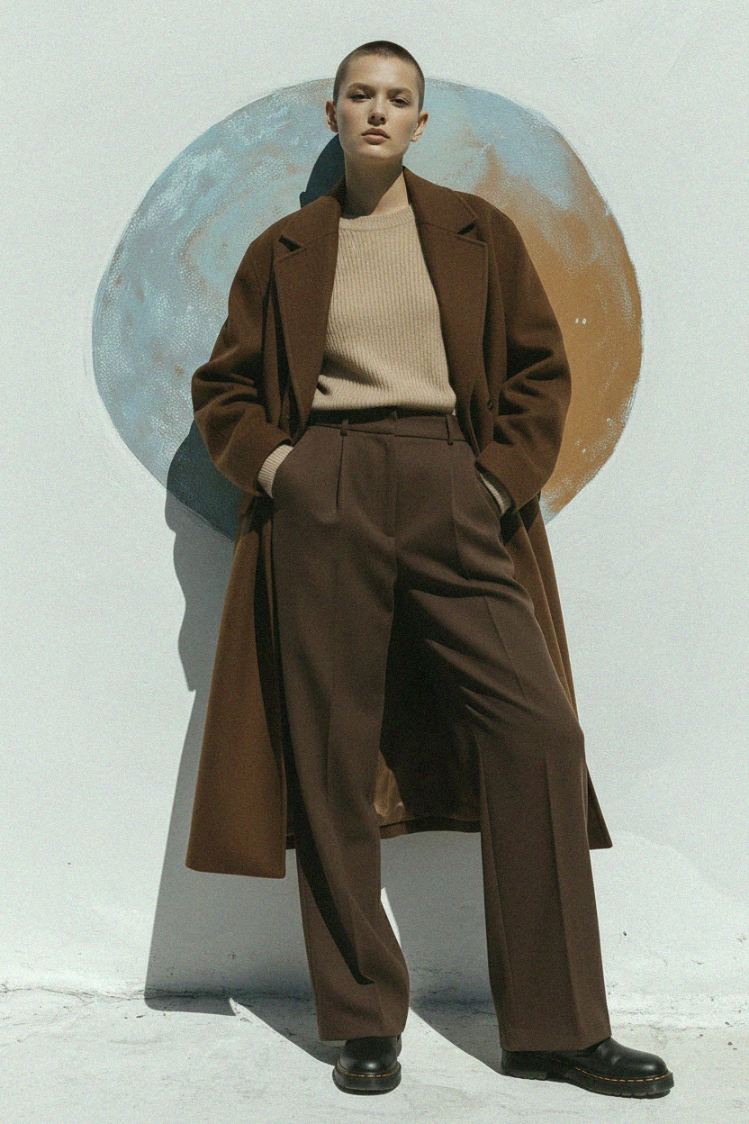 Długi, oversize'owy brązowy płaszcz zdjęcie 3