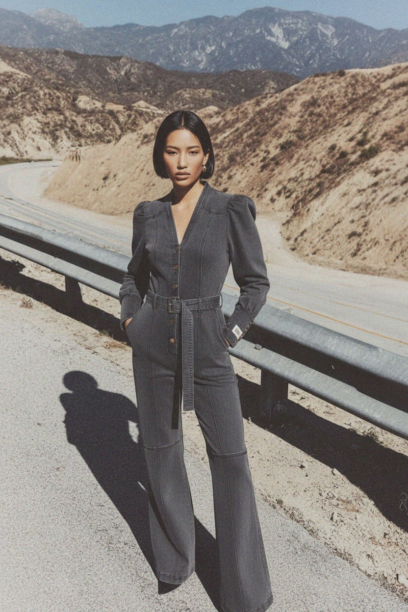 Washed Grey Denim Jumpsuit with Belt & Wide Leg zdjęcie 3