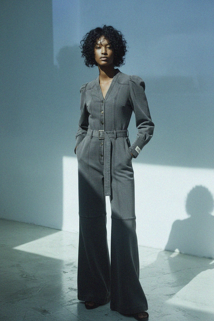 Washed Grey Denim Jumpsuit with Belt & Wide Leg zdjęcie 4