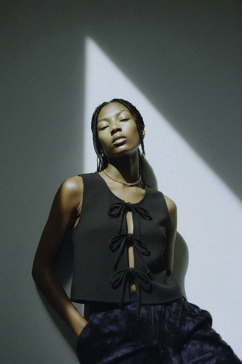 Czarny teksturowany top bez rękawów z wiązaniem z przodu zdjęcie 2