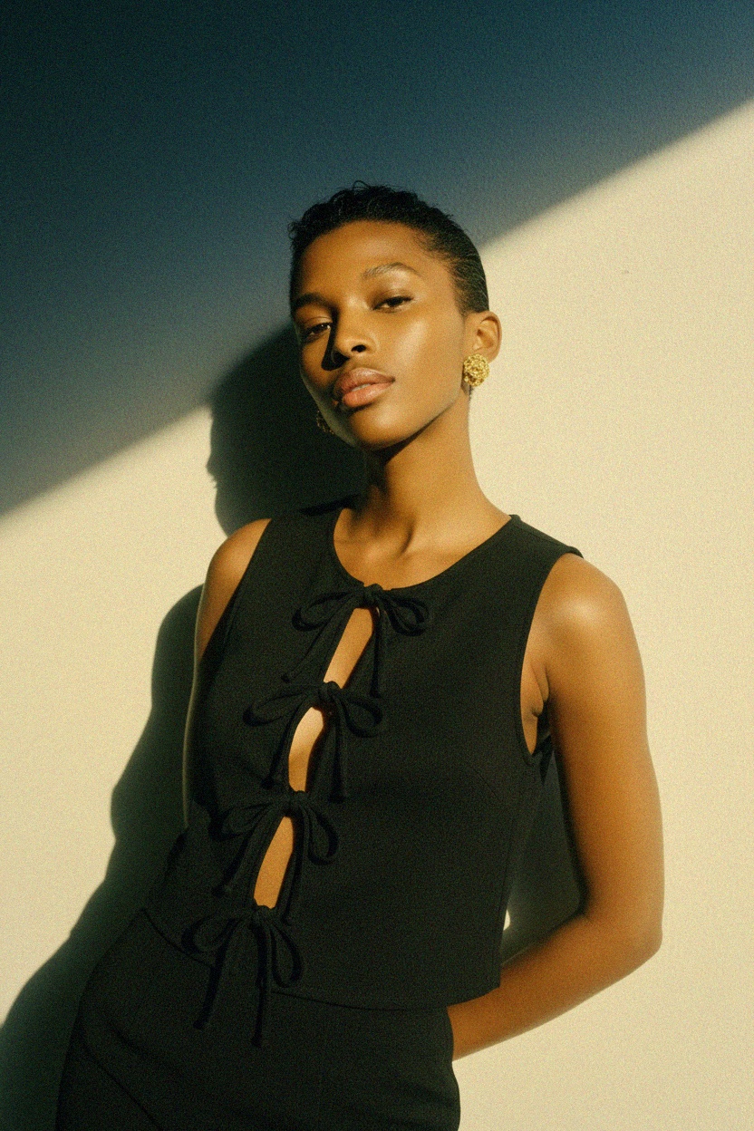 Czarny teksturowany top bez rękawów z wiązaniem z przodu zdjęcie 3