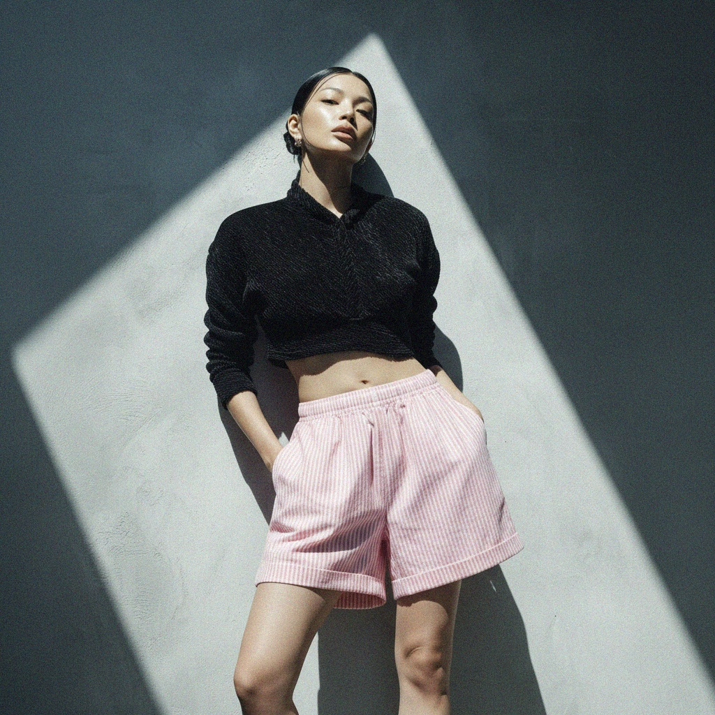 Różowo-białe, luźne szorty w paski zdjęcie 2