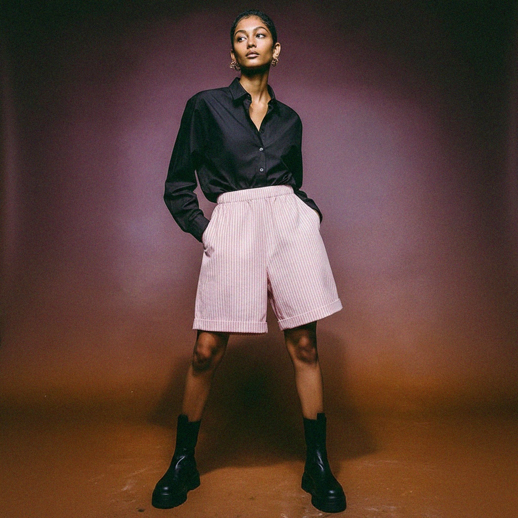 Różowo-białe, luźne szorty w paski zdjęcie 3