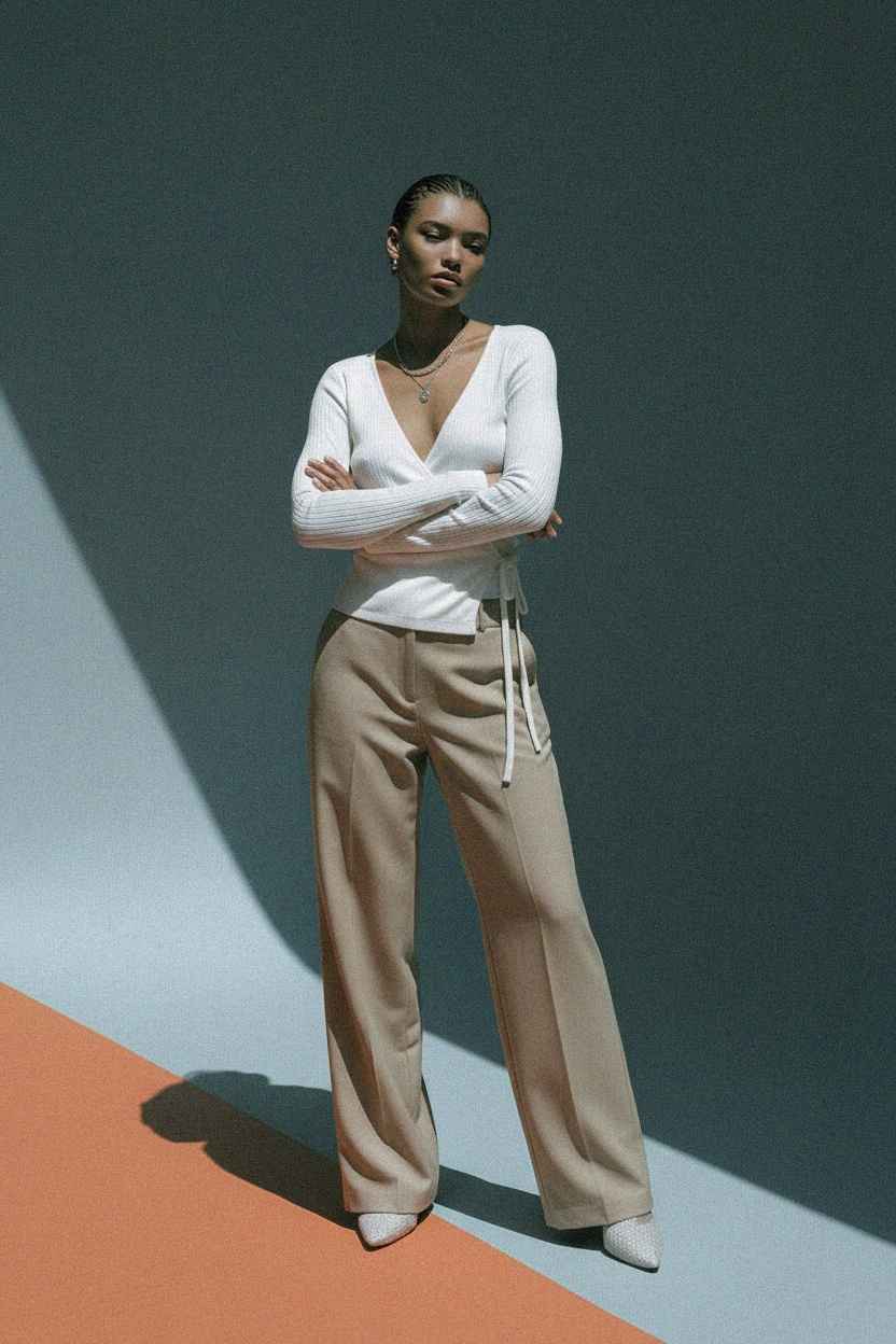 Biały prążkowany top z długim rękawem i kopertowym dekoltem zdjęcie 2