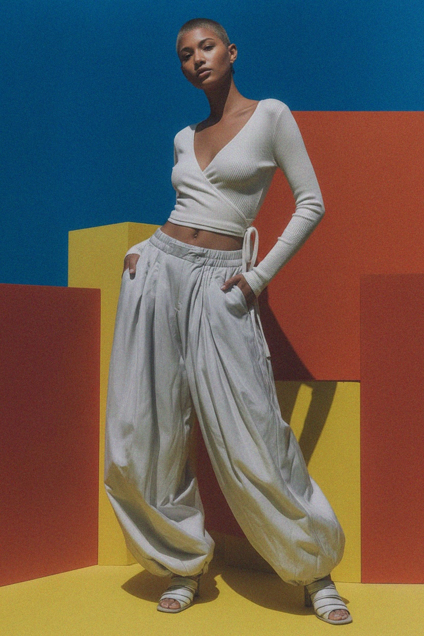 Biały prążkowany top z długim rękawem i kopertowym dekoltem zdjęcie 3