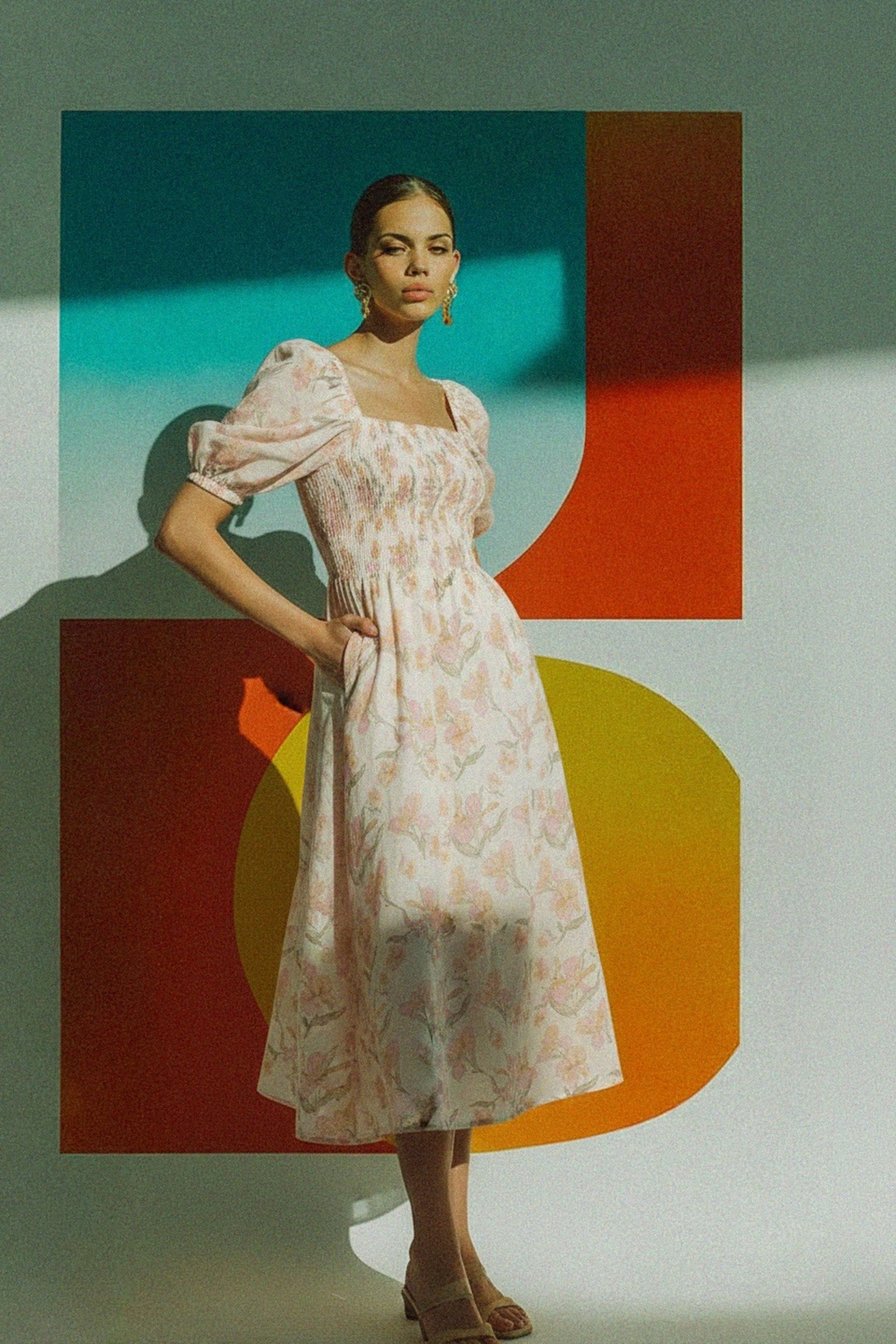 Floral Smocked Midi Dress with Puff Sleeves zdjęcie 2