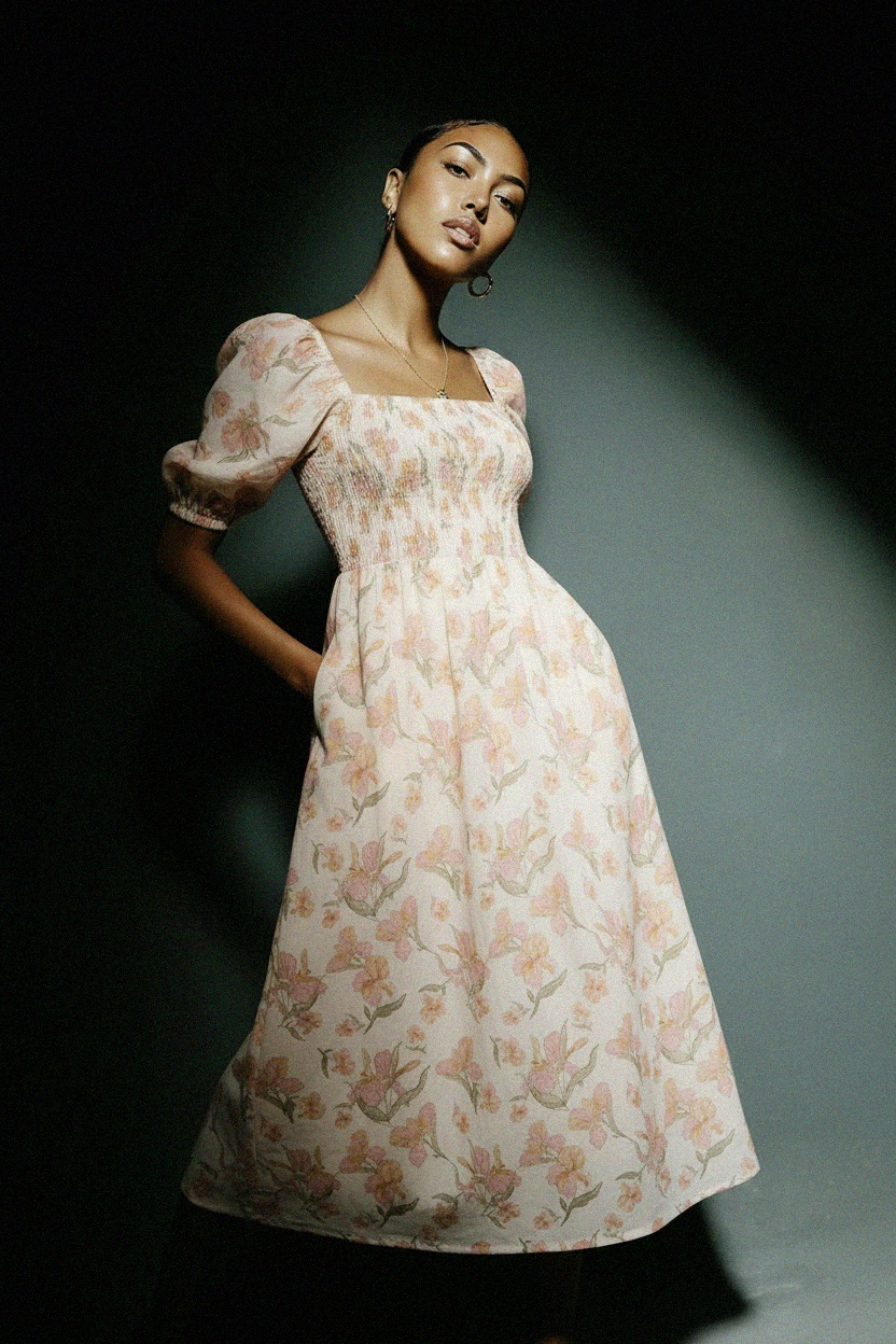 Floral Smocked Midi Dress with Puff Sleeves zdjęcie 4