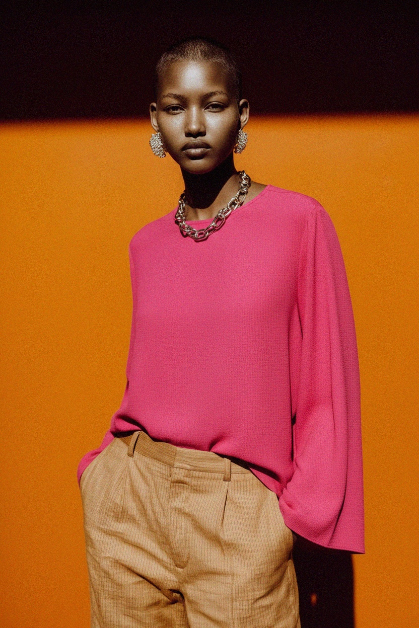 Bluzka z długim rękawem w kolorze intensywnego różu o luźnym kroju zdjęcie 2