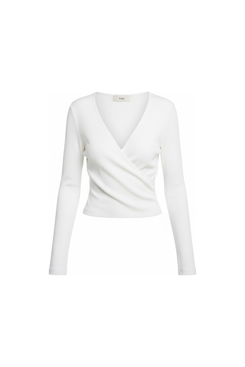 Biały prążkowany top z długim rękawem i kopertowym dekoltem zdjęcie 1