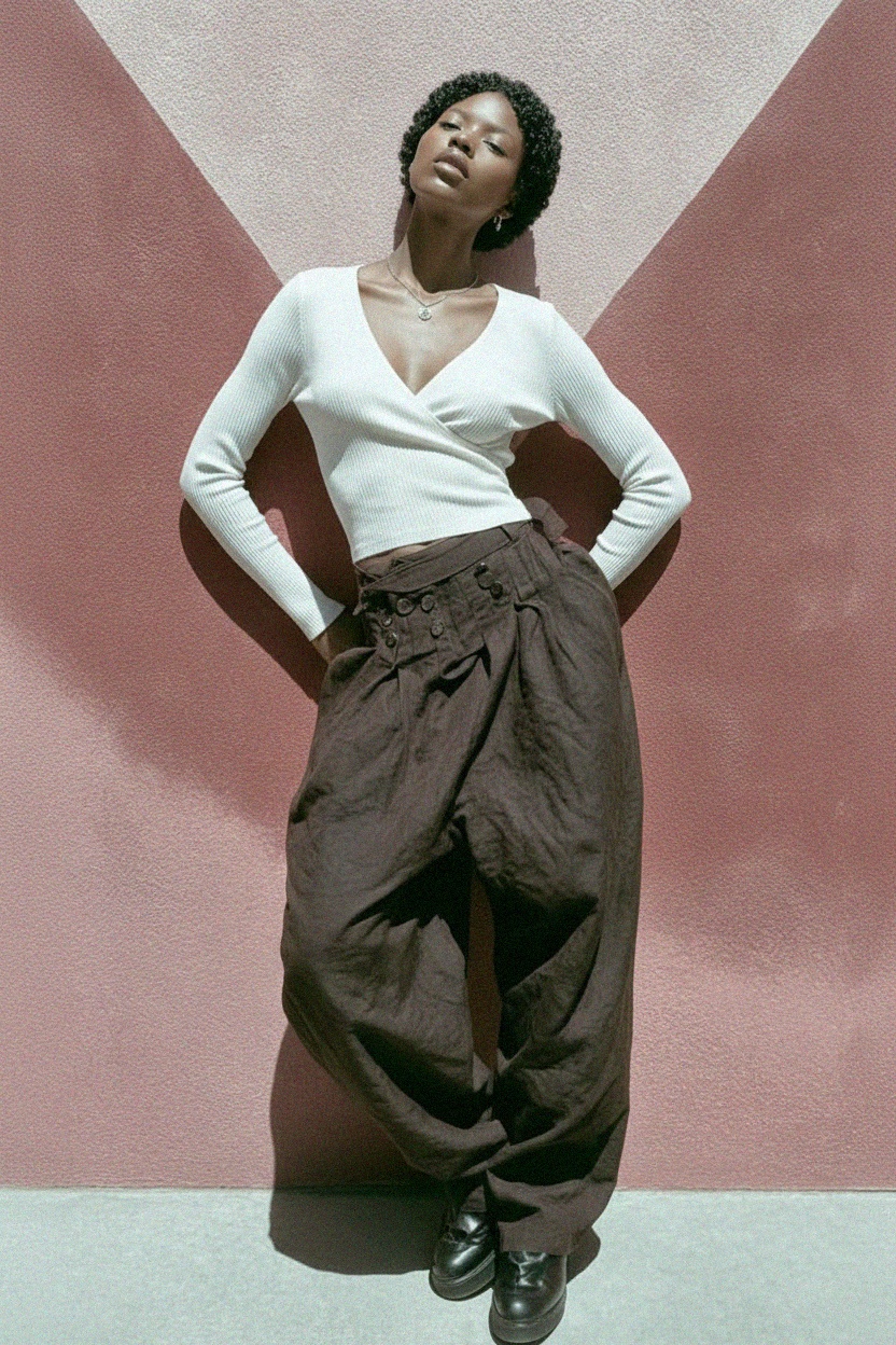 Biały prążkowany top z długim rękawem i kopertowym dekoltem zdjęcie 2