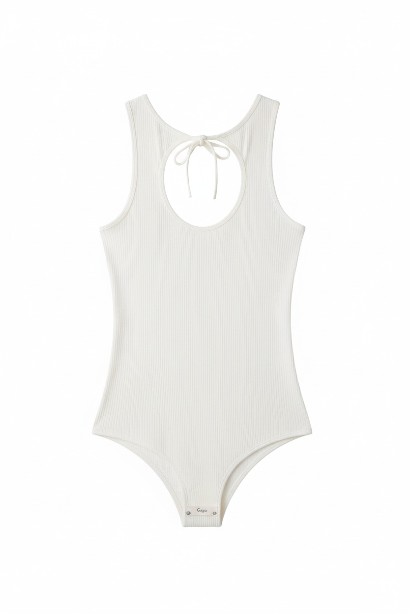 Biały żebrowany top z wiązaniem z przodu i otworem na klucz zdjęcie 1