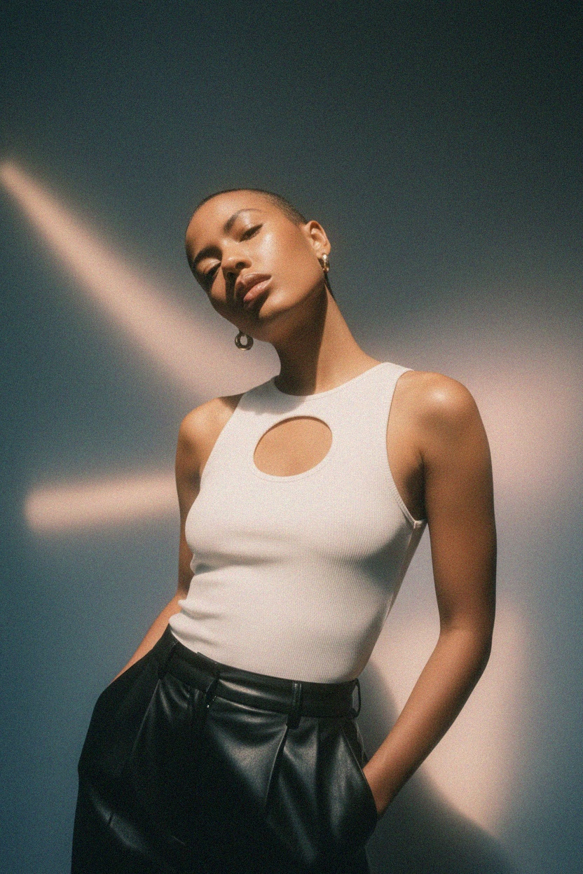 Biały żebrowany top z wiązaniem z przodu i otworem na klucz zdjęcie 2