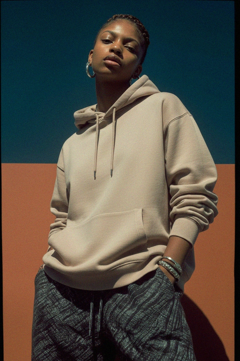 Wygodna, oversize'owa beżowa bluza z kapturem zdjęcie 3