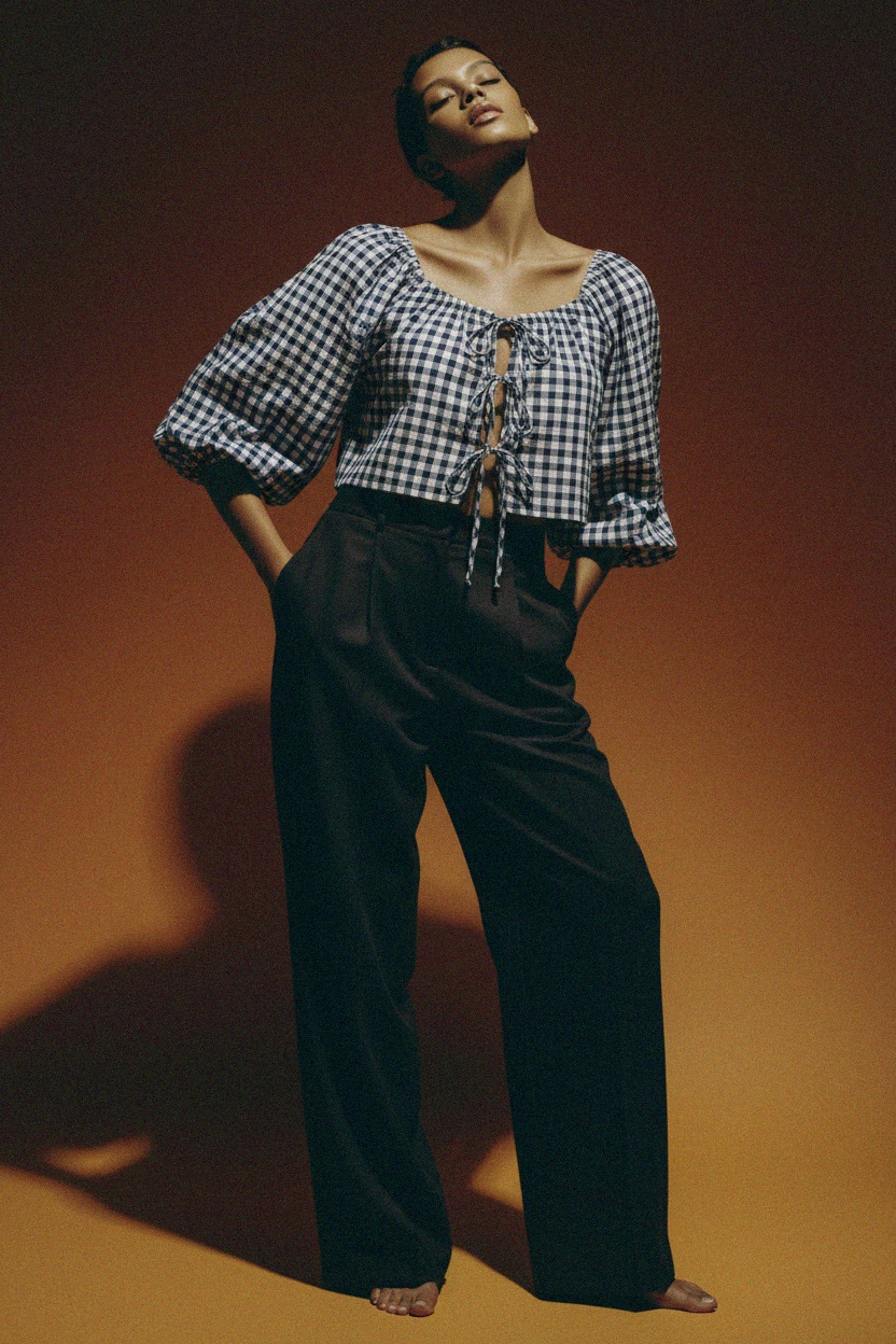 Bluzka z bufiastymi rękawami w kratkę gingham i wiązaniem z przodu zdjęcie 3