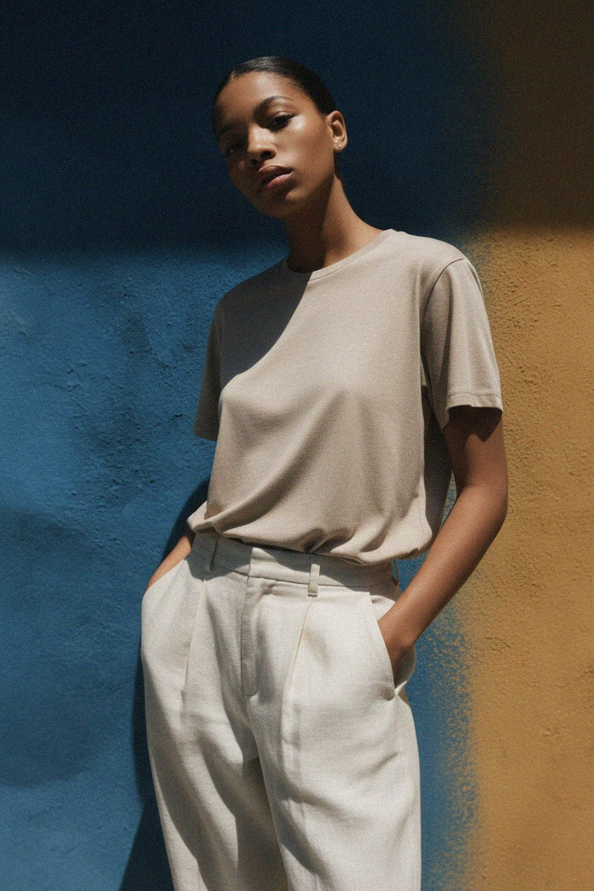 Luźny krój beżowej melanżowej koszulki z okrągłym dekoltem zdjęcie 2