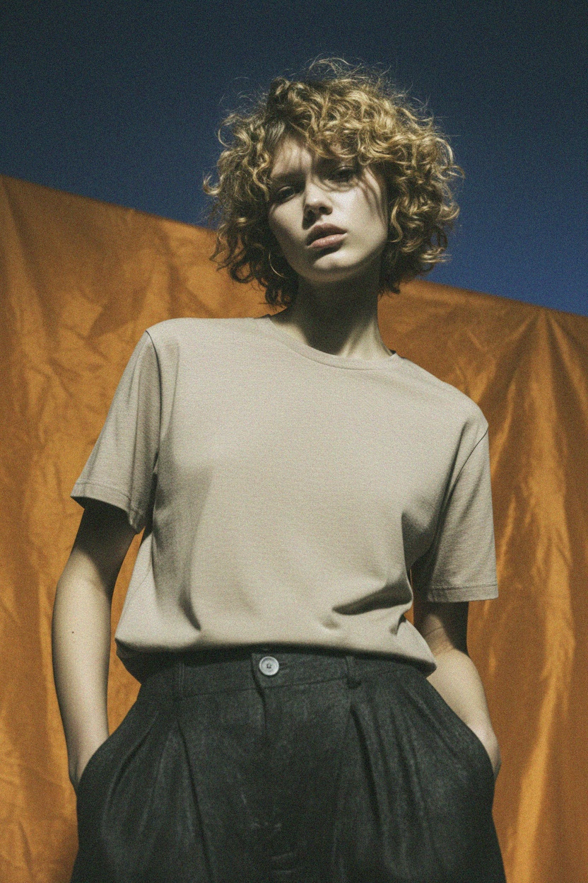 Luźny krój beżowej melanżowej koszulki z okrągłym dekoltem zdjęcie 3