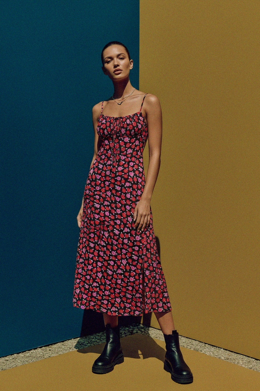 Sukienka midi z nadrukiem róż i regulowanymi ramiączkami zdjęcie 2