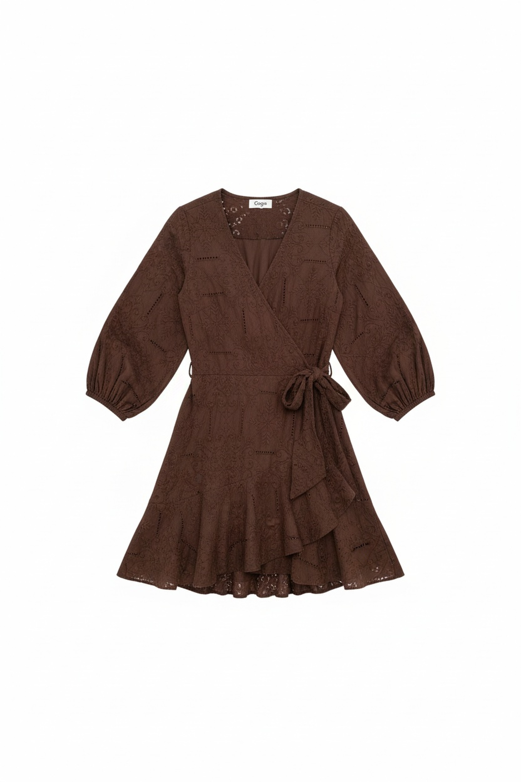 Brown Eyelet Embroidered Wrap Mini Dress zdjęcie 1