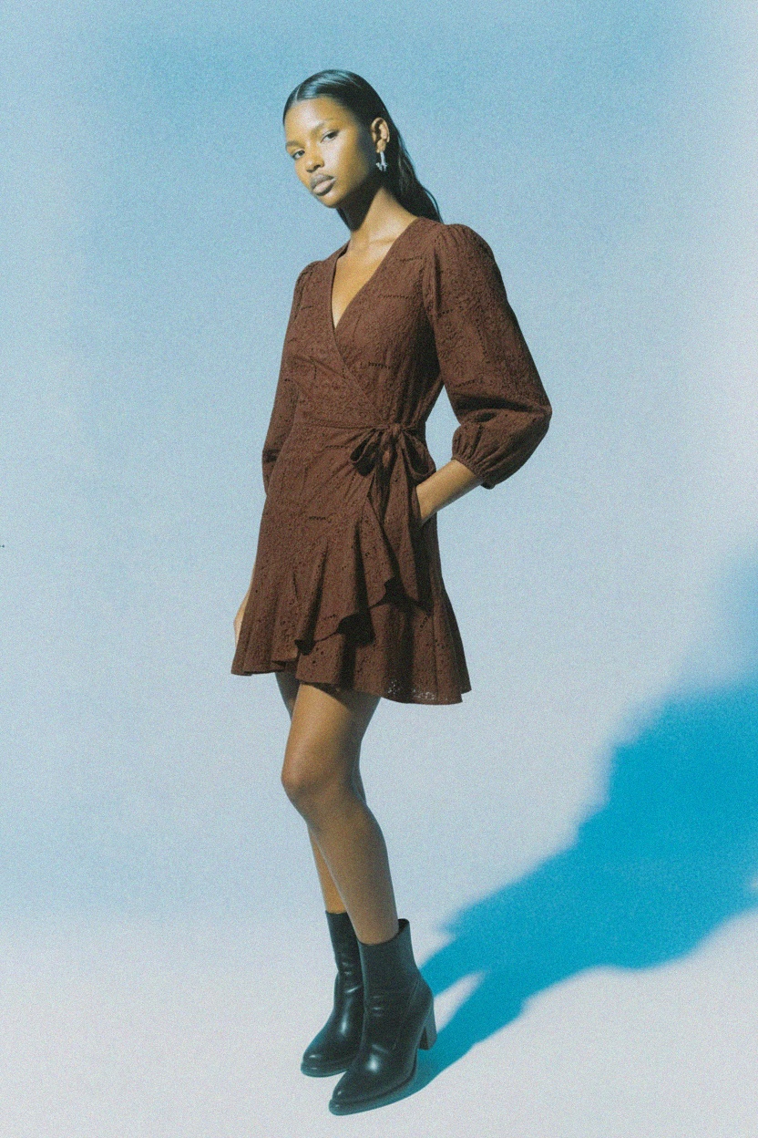 Brown Eyelet Embroidered Wrap Mini Dress zdjęcie 4